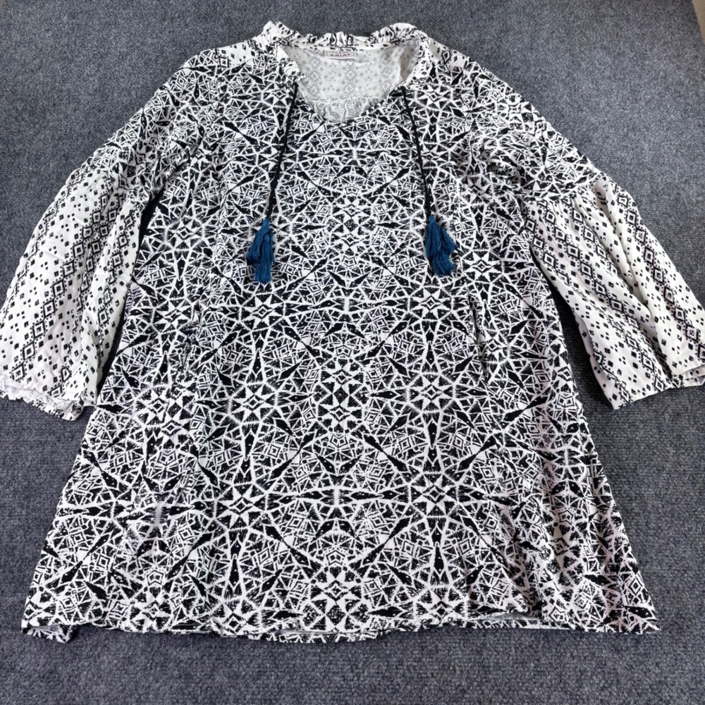 Ariat Tunic Top Womens Sm Black White Geometric Boho Tassel Bell Sleeve Tribal